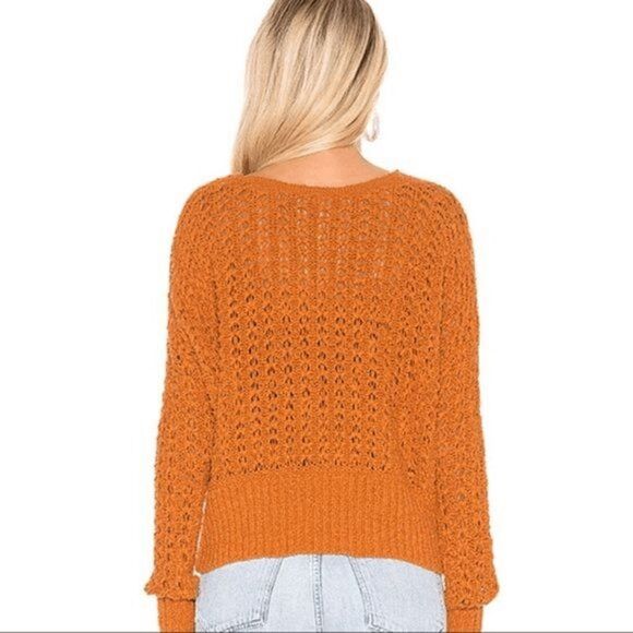 Free People Best Of You Sunset Orange Open Knit V Neck Sweater Medium - Picture 9 of 9